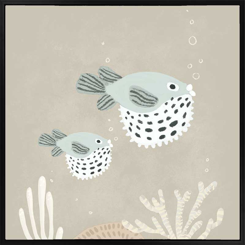 Two illustrated pufferfish floating through a bubbly underwater scene in soft blue and neutral tones, from the Little Tails Collection by Urban Road.