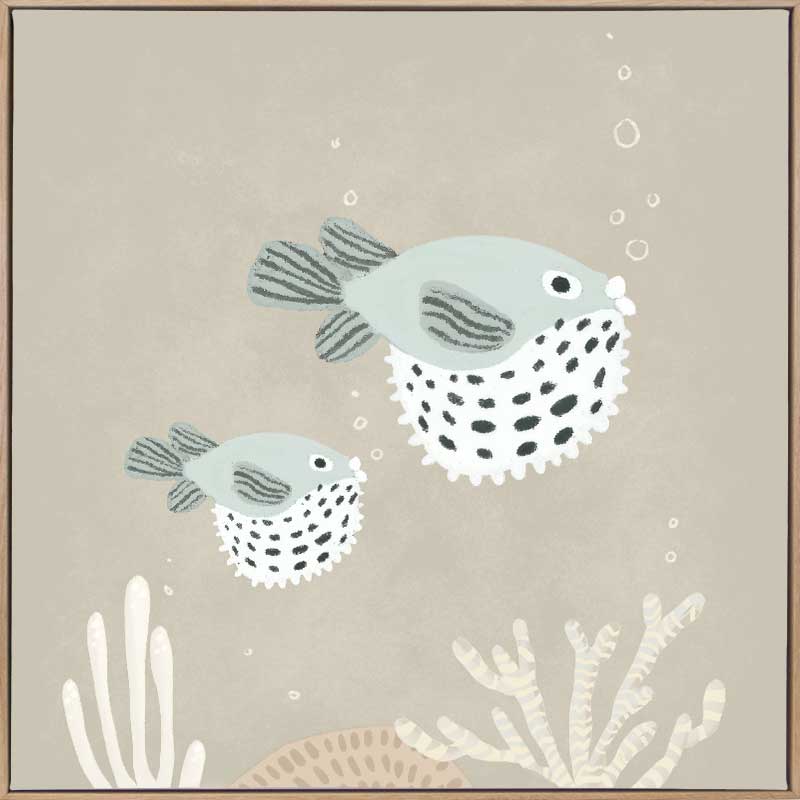 Two illustrated pufferfish floating through a bubbly underwater scene in soft blue and neutral tones, from the Little Tails Collection by Urban Road.