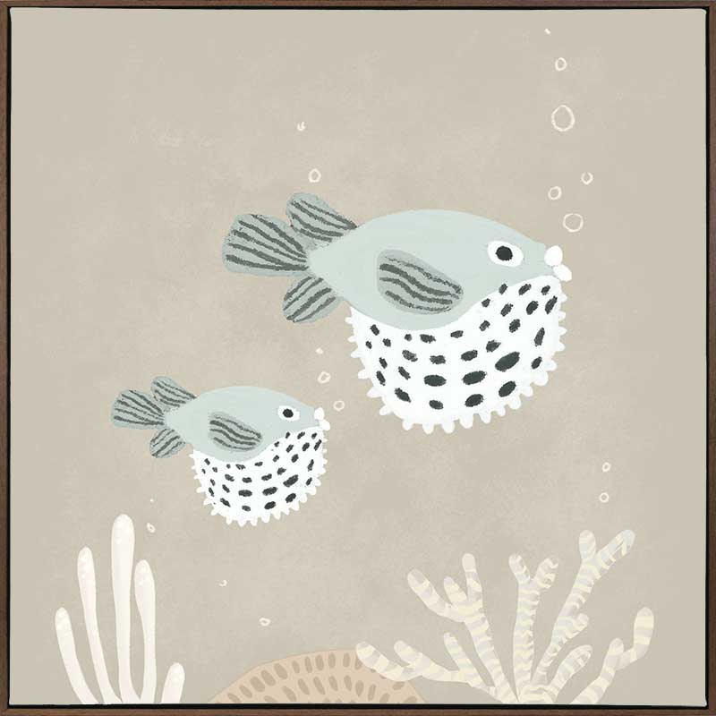 Two illustrated pufferfish floating through a bubbly underwater scene in soft blue and neutral tones, from the Little Tails Collection by Urban Road.