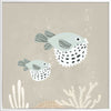 Two illustrated pufferfish floating through a bubbly underwater scene in soft blue and neutral tones, from the Little Tails Collection by Urban Road.