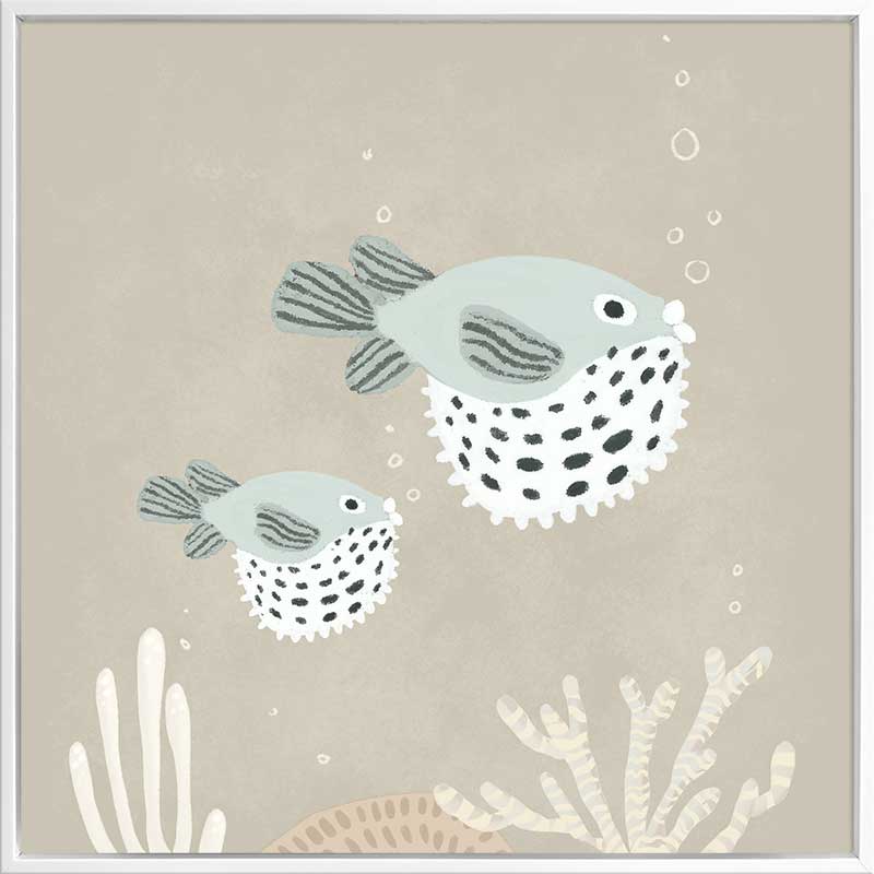 Two illustrated pufferfish floating through a bubbly underwater scene in soft blue and neutral tones, from the Little Tails Collection by Urban Road.