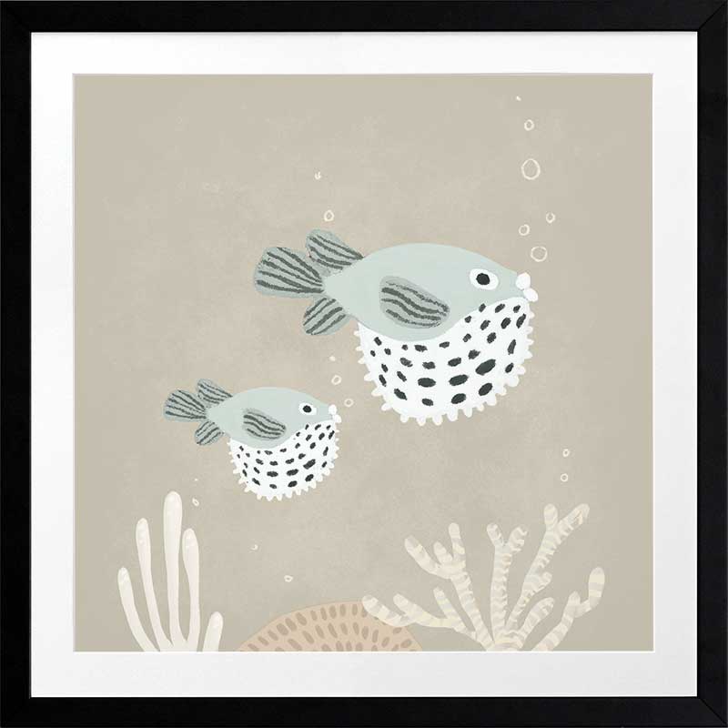 Two illustrated pufferfish floating through a bubbly underwater scene in soft blue and neutral tones, from the Little Tails Collection by Urban Road.