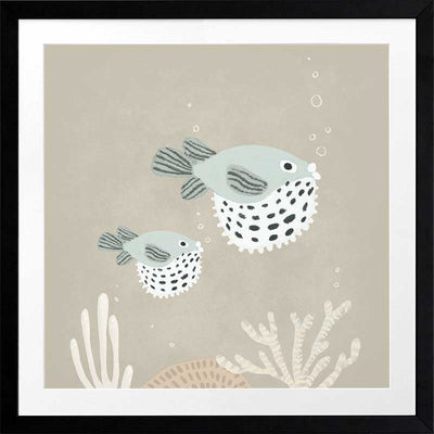 Two illustrated pufferfish floating through a bubbly underwater scene in soft blue and neutral tones, from the Little Tails Collection by Urban Road.