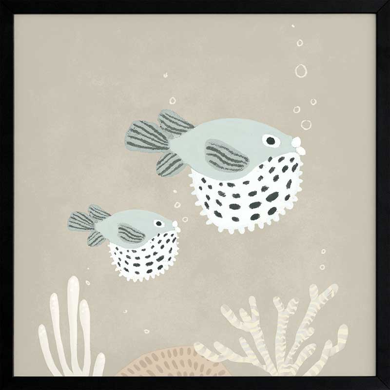 Two illustrated pufferfish floating through a bubbly underwater scene in soft blue and neutral tones, from the Little Tails Collection by Urban Road.
