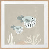 Two illustrated pufferfish floating through a bubbly underwater scene in soft blue and neutral tones, from the Little Tails Collection by Urban Road.