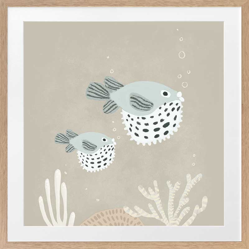 Two illustrated pufferfish floating through a bubbly underwater scene in soft blue and neutral tones, from the Little Tails Collection by Urban Road.