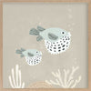 Two illustrated pufferfish floating through a bubbly underwater scene in soft blue and neutral tones, from the Little Tails Collection by Urban Road.
