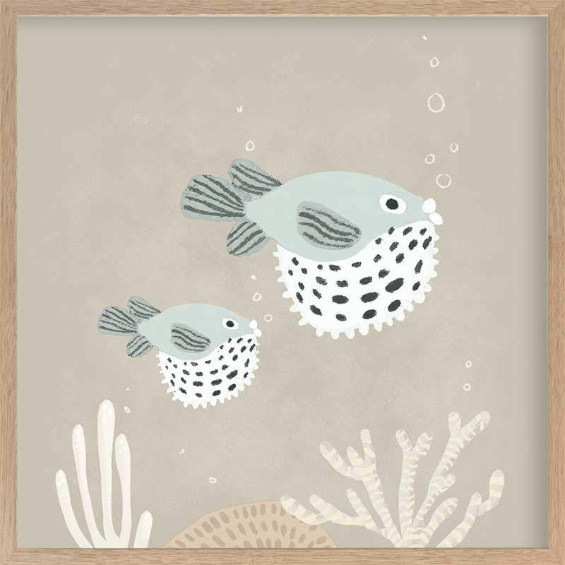 Two illustrated pufferfish floating through a bubbly underwater scene in soft blue and neutral tones, from the Little Tails Collection by Urban Road.