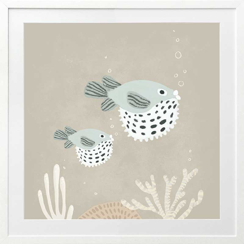 Two illustrated pufferfish floating through a bubbly underwater scene in soft blue and neutral tones, from the Little Tails Collection by Urban Road.