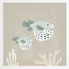 Two illustrated pufferfish floating through a bubbly underwater scene in soft blue and neutral tones, from the Little Tails Collection by Urban Road.