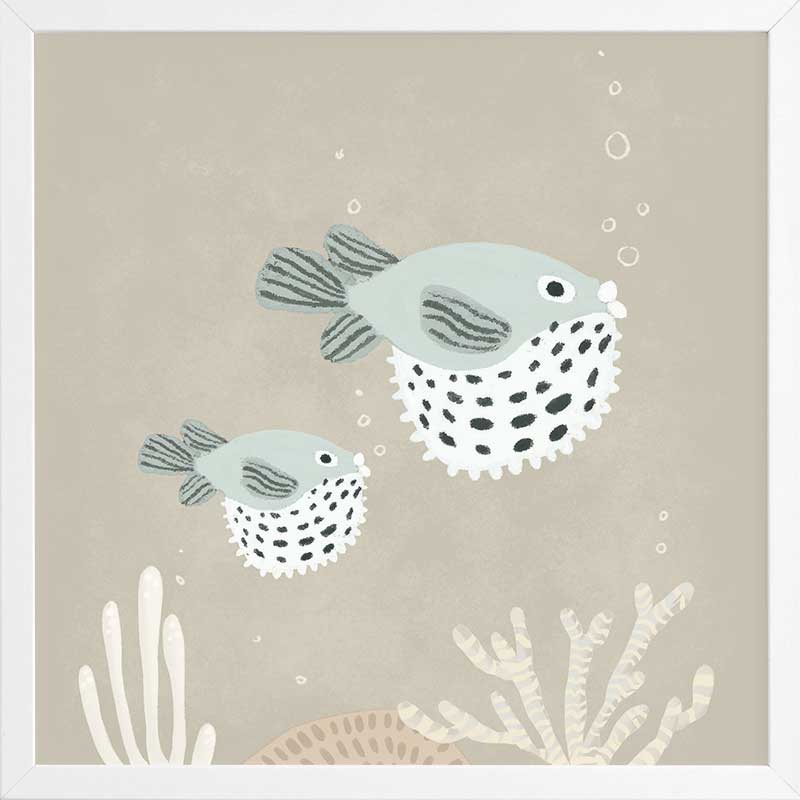 Two illustrated pufferfish floating through a bubbly underwater scene in soft blue and neutral tones, from the Little Tails Collection by Urban Road.