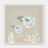 Two illustrated pufferfish floating through a bubbly underwater scene in soft blue and neutral tones, from the Little Tails Collection by Urban Road.