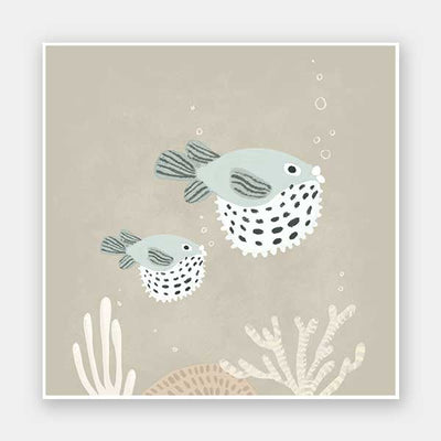 Two illustrated pufferfish floating through a bubbly underwater scene in soft blue and neutral tones, from the Little Tails Collection by Urban Road.