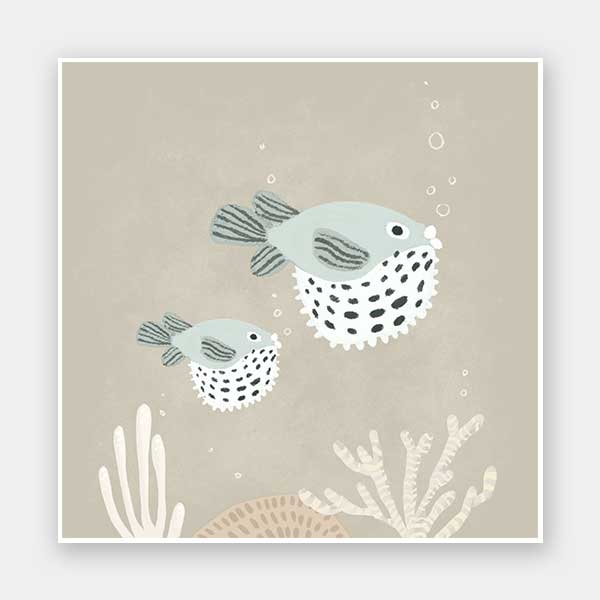 Two illustrated pufferfish floating through a bubbly underwater scene in soft blue and neutral tones, from the Little Tails Collection by Urban Road.