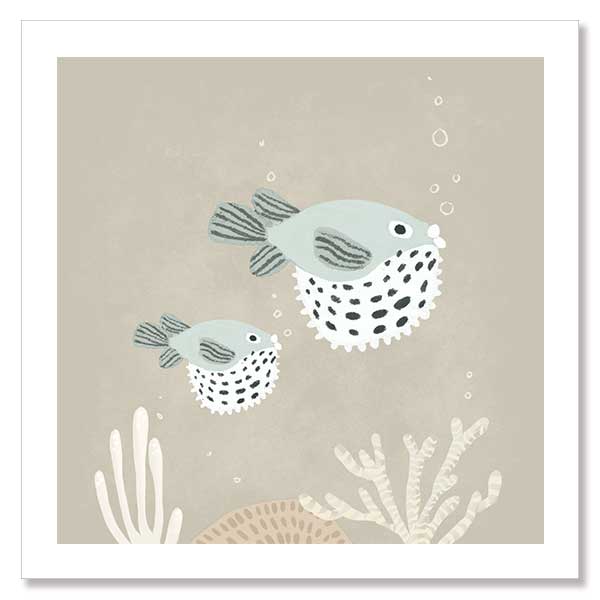 Two illustrated pufferfish floating through a bubbly underwater scene in soft blue and neutral tones, from the Little Tails Collection by Urban Road.
