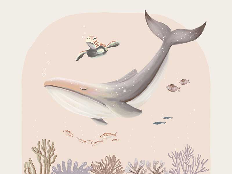 A large illustrated whale and a small turtle swim side by side through soft coral and ocean life in pastel pink and grey tones, from the Little Tails Collection by Urban Road.