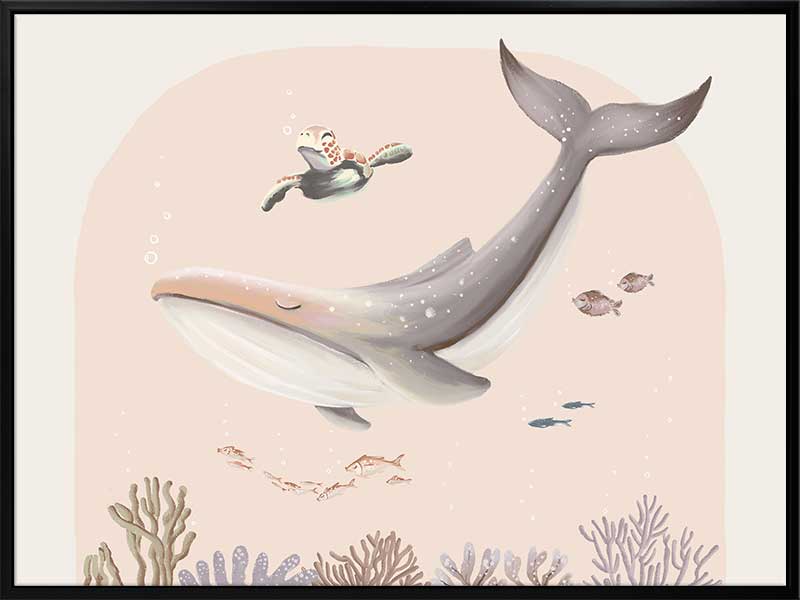 A large illustrated whale and a small turtle swim side by side through soft coral and ocean life in pastel pink and grey tones, from the Little Tails Collection by Urban Road.