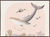 A large illustrated whale and a small turtle swim side by side through soft coral and ocean life in pastel pink and grey tones, from the Little Tails Collection by Urban Road.