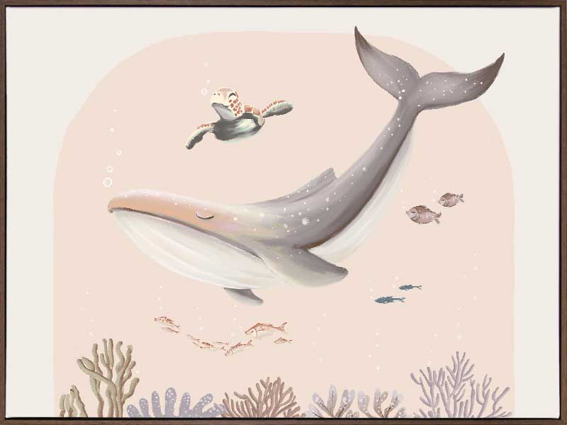 A large illustrated whale and a small turtle swim side by side through soft coral and ocean life in pastel pink and grey tones, from the Little Tails Collection by Urban Road.