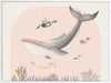 A large illustrated whale and a small turtle swim side by side through soft coral and ocean life in pastel pink and grey tones, from the Little Tails Collection by Urban Road.