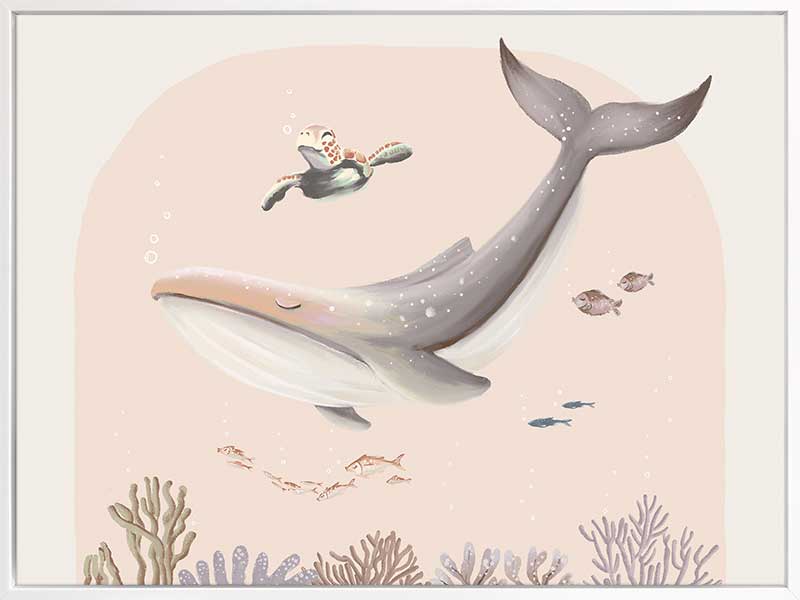 A large illustrated whale and a small turtle swim side by side through soft coral and ocean life in pastel pink and grey tones, from the Little Tails Collection by Urban Road.