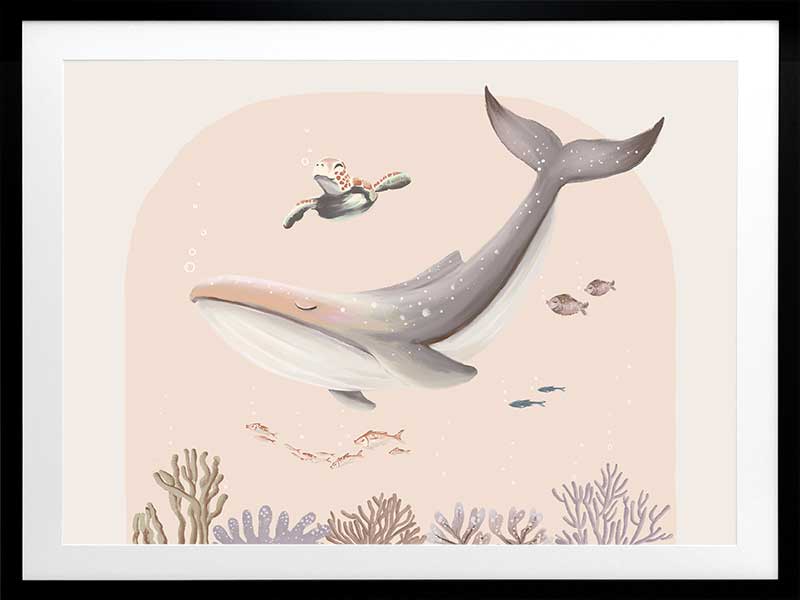 A large illustrated whale and a small turtle swim side by side through soft coral and ocean life in pastel pink and grey tones, from the Little Tails Collection by Urban Road.