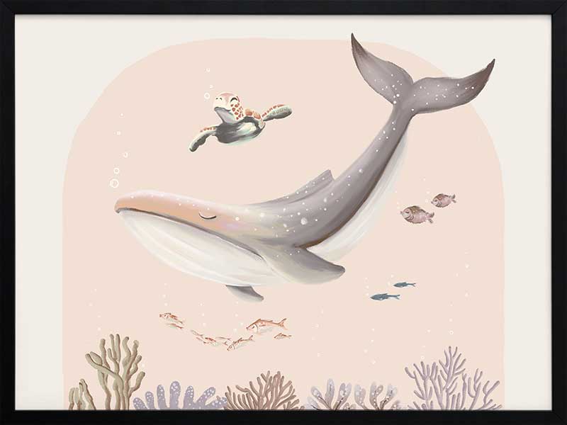 A large illustrated whale and a small turtle swim side by side through soft coral and ocean life in pastel pink and grey tones, from the Little Tails Collection by Urban Road.