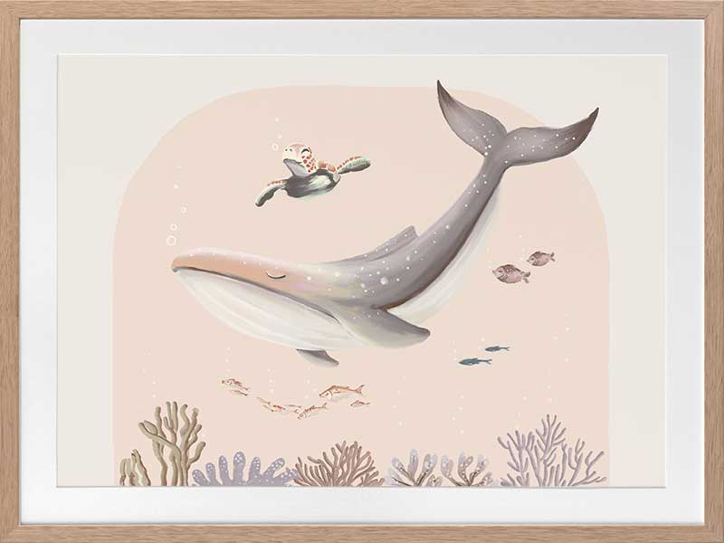 A large illustrated whale and a small turtle swim side by side through soft coral and ocean life in pastel pink and grey tones, from the Little Tails Collection by Urban Road.