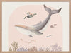 A large illustrated whale and a small turtle swim side by side through soft coral and ocean life in pastel pink and grey tones, from the Little Tails Collection by Urban Road.