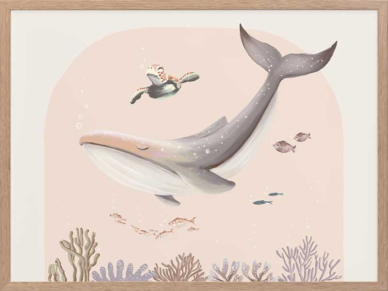 A large illustrated whale and a small turtle swim side by side through soft coral and ocean life in pastel pink and grey tones, from the Little Tails Collection by Urban Road.