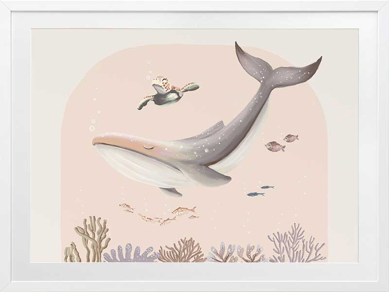 A large illustrated whale and a small turtle swim side by side through soft coral and ocean life in pastel pink and grey tones, from the Little Tails Collection by Urban Road.