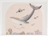 A large illustrated whale and a small turtle swim side by side through soft coral and ocean life in pastel pink and grey tones, from the Little Tails Collection by Urban Road.