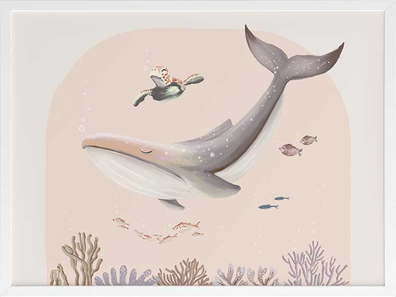 A large illustrated whale and a small turtle swim side by side through soft coral and ocean life in pastel pink and grey tones, from the Little Tails Collection by Urban Road.