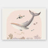 A large illustrated whale and a small turtle swim side by side through soft coral and ocean life in pastel pink and grey tones, from the Little Tails Collection by Urban Road.