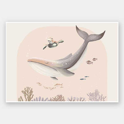 A large illustrated whale and a small turtle swim side by side through soft coral and ocean life in pastel pink and grey tones, from the Little Tails Collection by Urban Road.