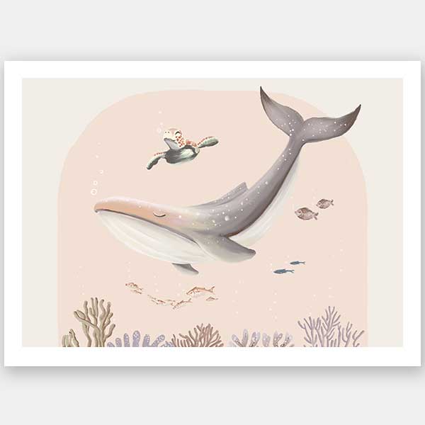 A large illustrated whale and a small turtle swim side by side through soft coral and ocean life in pastel pink and grey tones, from the Little Tails Collection by Urban Road.
