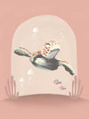 A whimsical scene of a small diver riding a turtle through a pink-toned underwater world with coral and bubbles, from the Little Tails Collection by Urban Road.