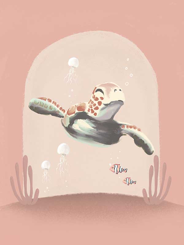 A whimsical scene of a small diver riding a turtle through a pink-toned underwater world with coral and bubbles, from the Little Tails Collection by Urban Road.
