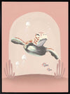 A whimsical scene of a small diver riding a turtle through a pink-toned underwater world with coral and bubbles, from the Little Tails Collection by Urban Road.