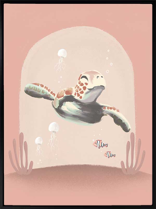 A whimsical scene of a small diver riding a turtle through a pink-toned underwater world with coral and bubbles, from the Little Tails Collection by Urban Road.