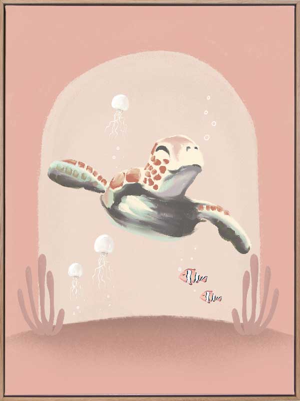 A whimsical scene of a small diver riding a turtle through a pink-toned underwater world with coral and bubbles, from the Little Tails Collection by Urban Road.