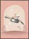 A whimsical scene of a small diver riding a turtle through a pink-toned underwater world with coral and bubbles, from the Little Tails Collection by Urban Road.