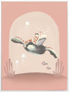 A whimsical scene of a small diver riding a turtle through a pink-toned underwater world with coral and bubbles, from the Little Tails Collection by Urban Road.