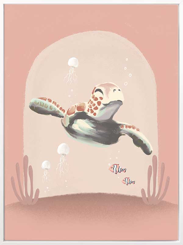 A whimsical scene of a small diver riding a turtle through a pink-toned underwater world with coral and bubbles, from the Little Tails Collection by Urban Road.