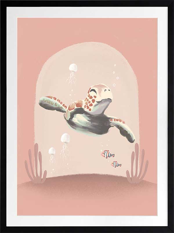 A whimsical scene of a small diver riding a turtle through a pink-toned underwater world with coral and bubbles, from the Little Tails Collection by Urban Road.
