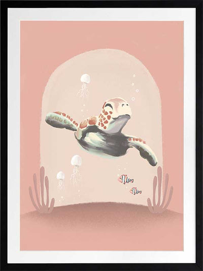 A whimsical scene of a small diver riding a turtle through a pink-toned underwater world with coral and bubbles, from the Little Tails Collection by Urban Road.