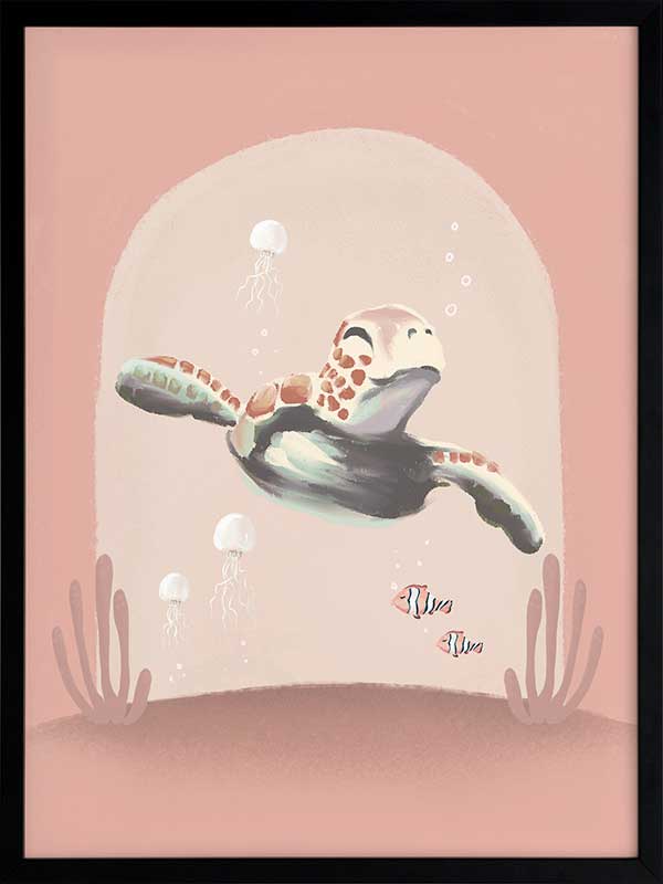 A whimsical scene of a small diver riding a turtle through a pink-toned underwater world with coral and bubbles, from the Little Tails Collection by Urban Road.