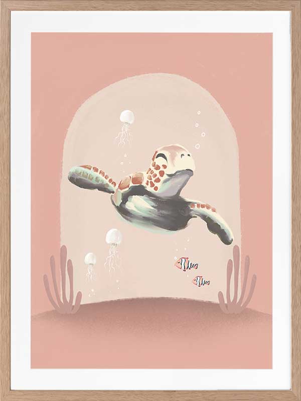 A whimsical scene of a small diver riding a turtle through a pink-toned underwater world with coral and bubbles, from the Little Tails Collection by Urban Road.