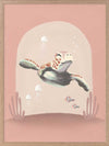 A whimsical scene of a small diver riding a turtle through a pink-toned underwater world with coral and bubbles, from the Little Tails Collection by Urban Road.