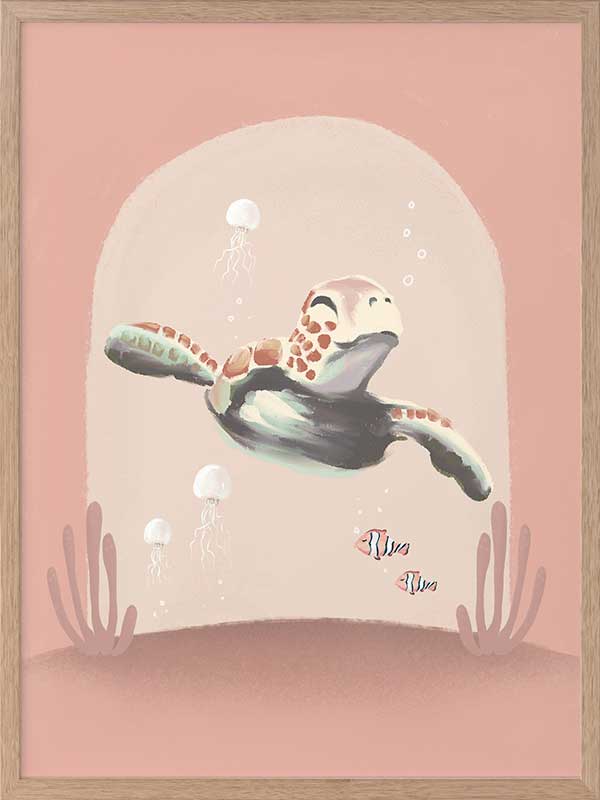 A whimsical scene of a small diver riding a turtle through a pink-toned underwater world with coral and bubbles, from the Little Tails Collection by Urban Road.